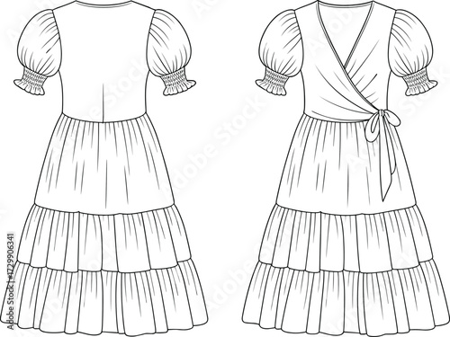 Elegant women’s dress fashion illustration with puff sleeves, tiered skirt, wrap bodice, front and back technical garment vector design drawing