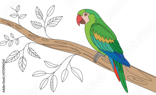 Vibrant green parrot with colorful plumage perched on a textured tree branch with delicate sketched leaves against a clean white background showcasing tropical nature and avian beauty