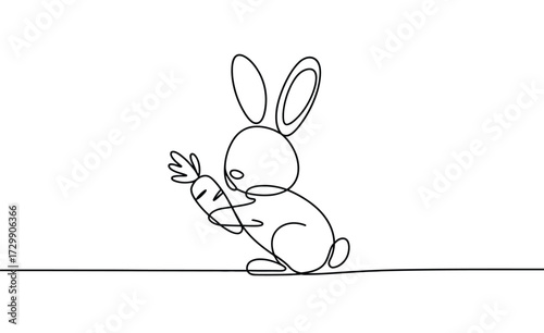 Minimalist single line drawing of a cute bunny rabbit holding a fresh carrot in its paws isolated on a clean white background representing healthy eating and springtime