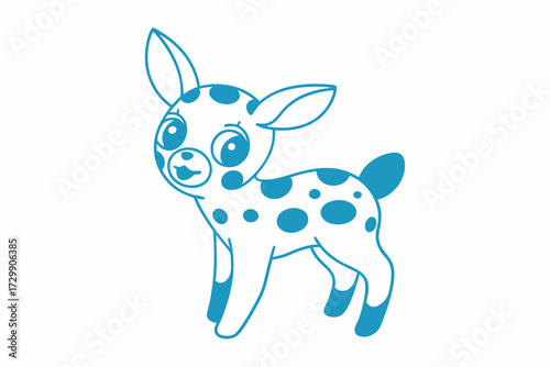 Cute teal fawn with prominent spots smiles softly on the white background elegantly