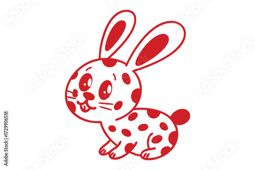 Dotted red rabbit smiles playfully with simple features on a white background cheerfully