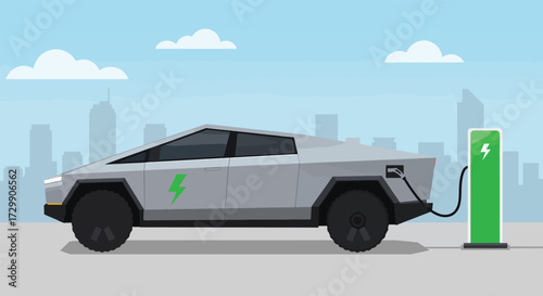 Futuristic silver electric pickup truck plugged into a green charging station with a city skyline background.
