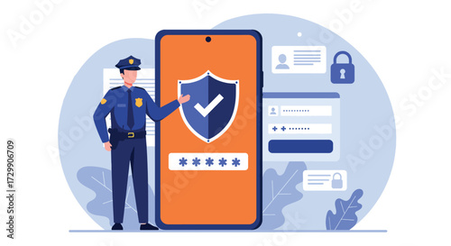 Police Officer Protecting Digital Security on a Smartphone Screen.