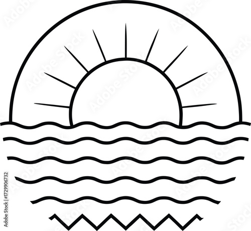 ocean horizon with rising sun line art on transparent background