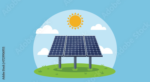 Solar Panel Array on Green Field with Sun and Clouds Illustration.