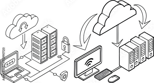 Server Room Connected to Cloud Network for Data Transfer Illustration