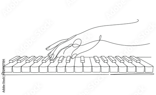 Minimalist line art drawing of a human hand gracefully playing a piano keyboard with flowing lines creating a sense of movement and musicality