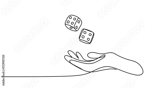Minimalist continuous line drawing of a hand tossing two dice into the air representing chance luck and the excitement of a game