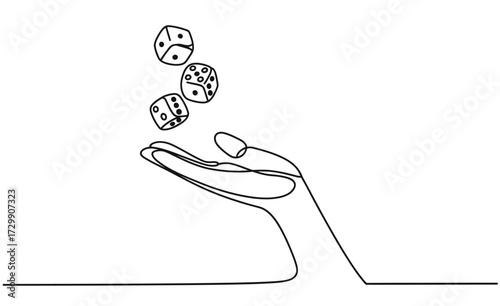Minimalist continuous line drawing of a hand tossing dice into the air symbolizing chance luck and the excitement of a game of probability and gambling