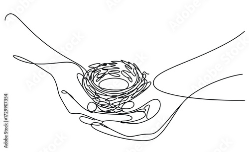 Delicate single line drawing of cupped hands gently holding a small bird s nest with three tiny eggs symbolizing care protection and new beginnings in a minimalist artistic style