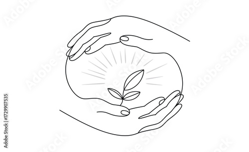 Gentle hands cradling a glowing sphere with a seedling emerging symbolizing growth protection hope and new beginnings in a minimalist line art style