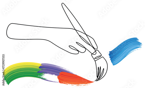 Artistic hand holding paintbrush creating colorful swirls of paint with blue and rainbow hues on a white background illustrating creativity and expression