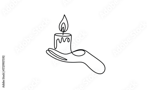 Minimalist single line drawing of a hand gently holding a lit candle with dripping wax symbolizing hope light and comfort against a clean white background
