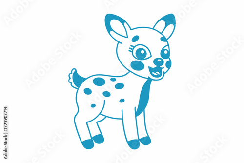 Playful blue cartoon fawn poses sweetly with big eyes and spots over its body
