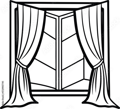 open window with flowing curtains line art on transparent background