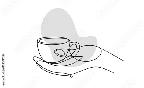 Minimalist single line drawing of a coffee cup and saucer with steam rising representing a warm beverage and a moment of relaxation