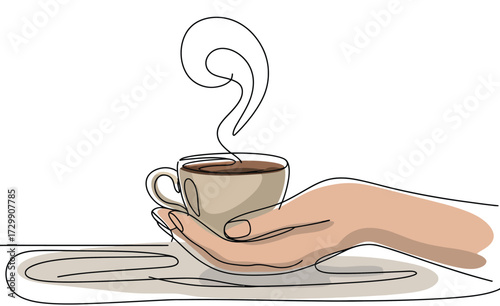 A minimalist single line drawing of a hand holding a steaming cup of coffee emphasizing warmth and comfort with a simple elegant aesthetic
