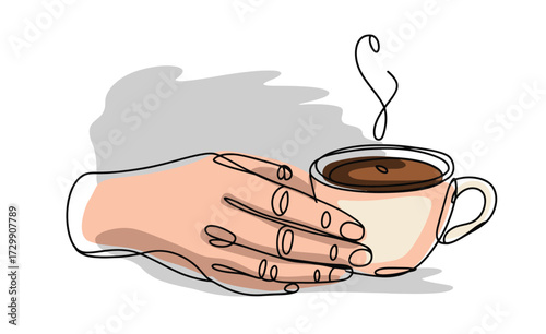 A comforting hand gently holds a steaming mug of hot coffee or tea symbolizing warmth relaxation and a moment of peaceful enjoyment with a beverage