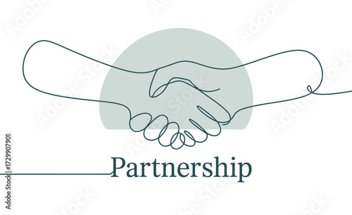 Abstract continuous line drawing of two hands shaking in agreement symbolizing partnership trust and collaboration with a soft gray circle in the background and the word partnership below
