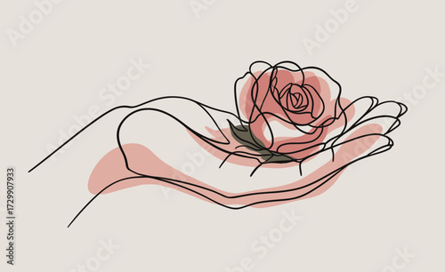 Delicate line art illustration of a gentle hand cradling a single pink rose symbolizing love beauty and offering a gift of nature s elegance