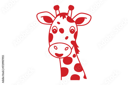 Playful giraffe outlined in red with spots, facing forward on a white background