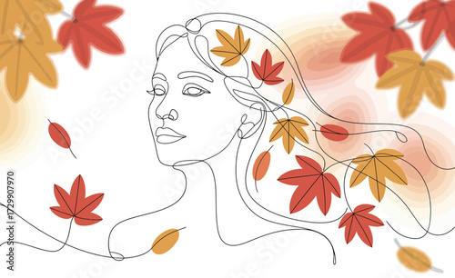 Artistic line drawing of a woman s profile with flowing hair intertwined with vibrant red and orange autumn maple leaves creating a dreamy and ethereal seasonal portrait