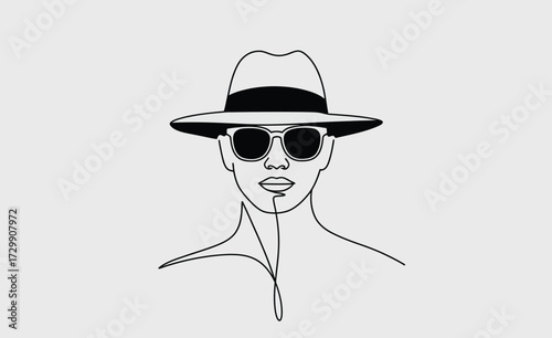 Minimalist line art illustration of a stylish person wearing a fedora hat and sunglasses conveying a sense of mystery and cool confidence against a plain background