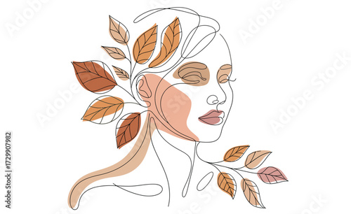 Elegant abstract line art portrait of a woman s face adorned with delicate autumn leaves symbolizing nature s beauty and feminine grace in a minimalist style