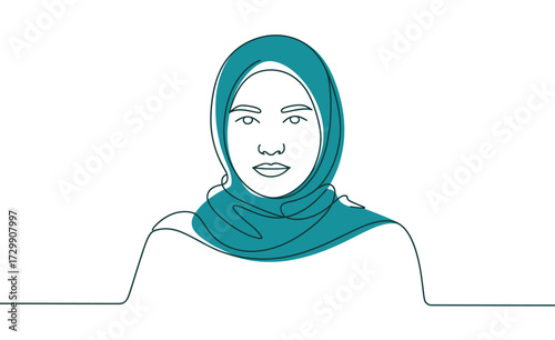Minimalist single line drawing of a young muslim woman wearing a teal hijab her gaze is direct and thoughtful conveying a sense of quiet strength and modern identity