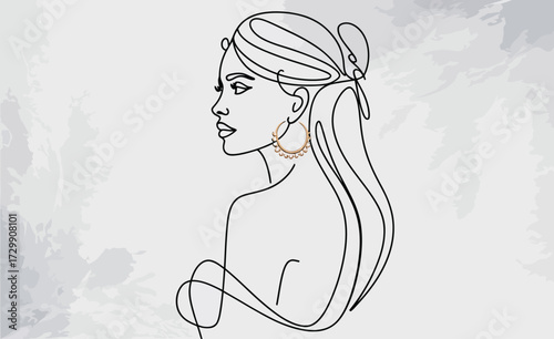 Elegant minimalist continuous line drawing of a woman s profile with flowing hair and a subtle earring conveying grace and simplicity on a textured background