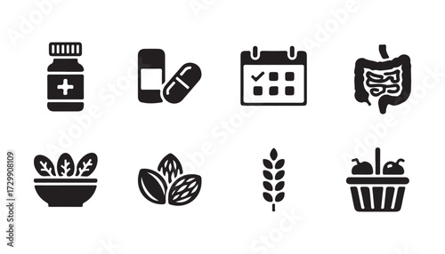 The icon set encompasses representations of food, vegetables, water, meal planning, fruits, dietary fiber, protein, vitamins, healthy fats, and carbohydrates. A solid icon collection.