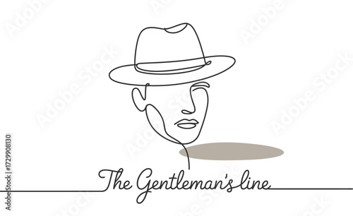 Minimalist continuous line drawing of a sophisticated gentleman wearing a fedora hat conveying elegance and classic style with a subtle shadow and elegant script text
