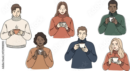 Characters with hot drinks. Winter happiness, autumn tea or coffee drink. Cold treatment, people wearing sweater drinking beverages utter vector set
