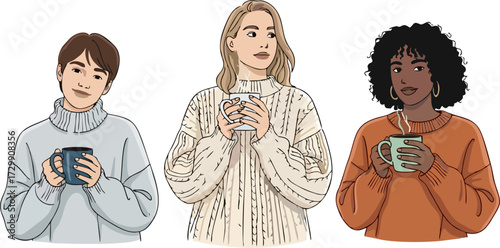Characters with hot drinks. Winter happiness, autumn tea or coffee drink. Cold treatment, people wearing sweater drinking beverages utter vector set
