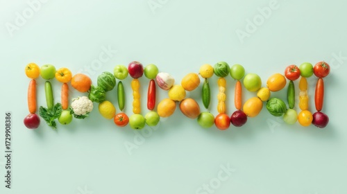 Creative DNA Helix Shape Made from Fresh Fruits and Vegetables on Mint Green Background