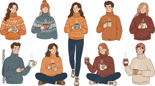 Characters with hot drinks. Winter happiness, autumn tea or coffee drink. Cold treatment, people wearing sweater drinking beverages utter vector set