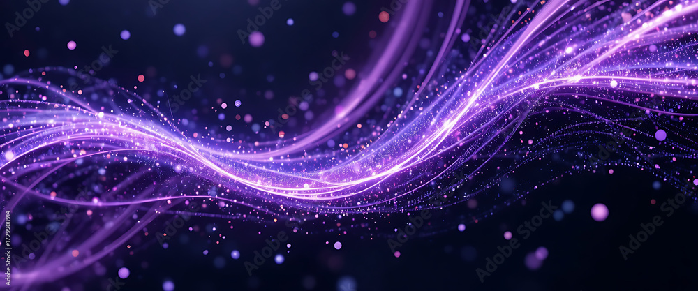 Naklejka premium Radiant purple curves glowing with sparkling silver dust, layered motion blur effect, elegant abstract backdrop.