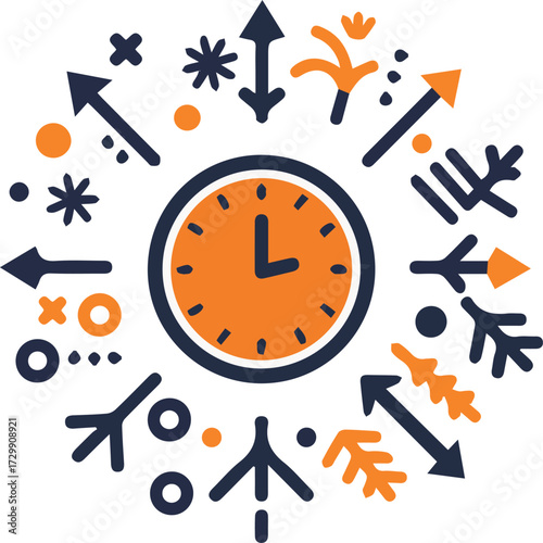Creative flat design icon symbolizing the annual calendar, with a clock and symbols for the four distinct seasons