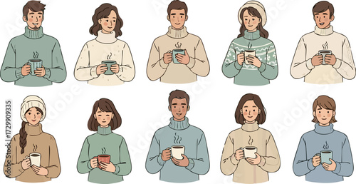Characters with hot drinks. Winter happiness, autumn tea or coffee drink. Cold treatment, people wearing sweater drinking beverages utter vector set