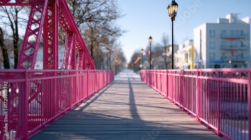 Vivid Red Metal Bridge Leading into Town on Sunny Day in Winter Landscape