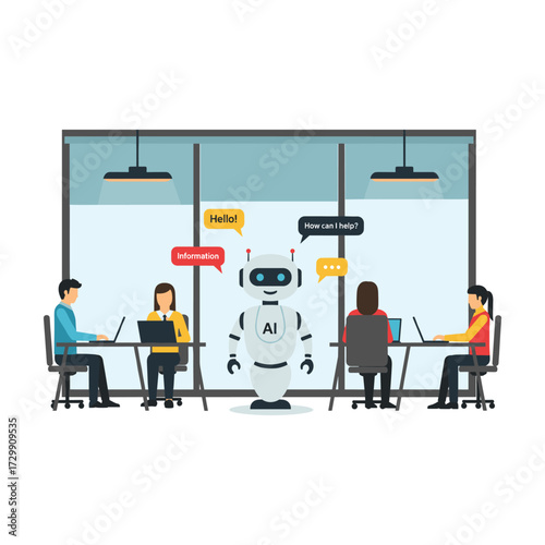 AI robot interacting with people in a modern office setting, technology concept