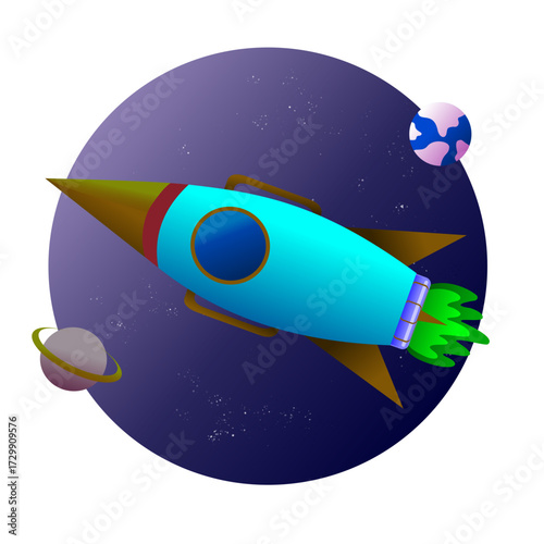 Vibrant illustration of a blue and gold rocket in space, orbiting a large purple planet with smaller planets nearby. A playful, imaginative sci-fi scene suitable for kids, education, and creative proj