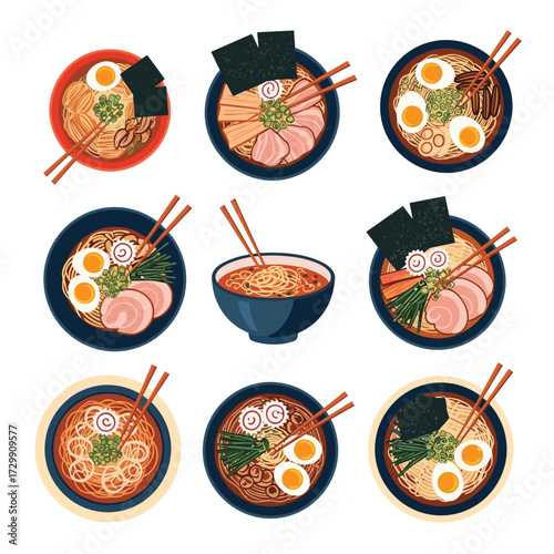 A collection of nine diverse bowls of delicious ramen noodle soup dishes.