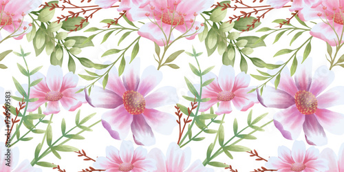 Seamless pattern of purple cosmos flowers painted in watercolor. Floral wallpaper pattern. A botanical pattern painted for wedding invitations, stationary, wallpaper.