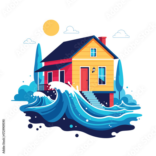 A sturdy house stands tall against the powerful surging ocean waves under a sunny sky.