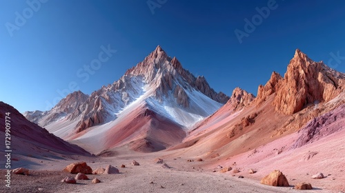 Volcanic Mountain Range Under Clear Blue Sky with Pixelated Aesthetic in Cinematic HDR Natural Scenery