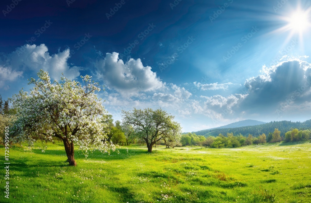 Fototapeta premium Blooming orchard in a lush green field under a radiant blue sky
