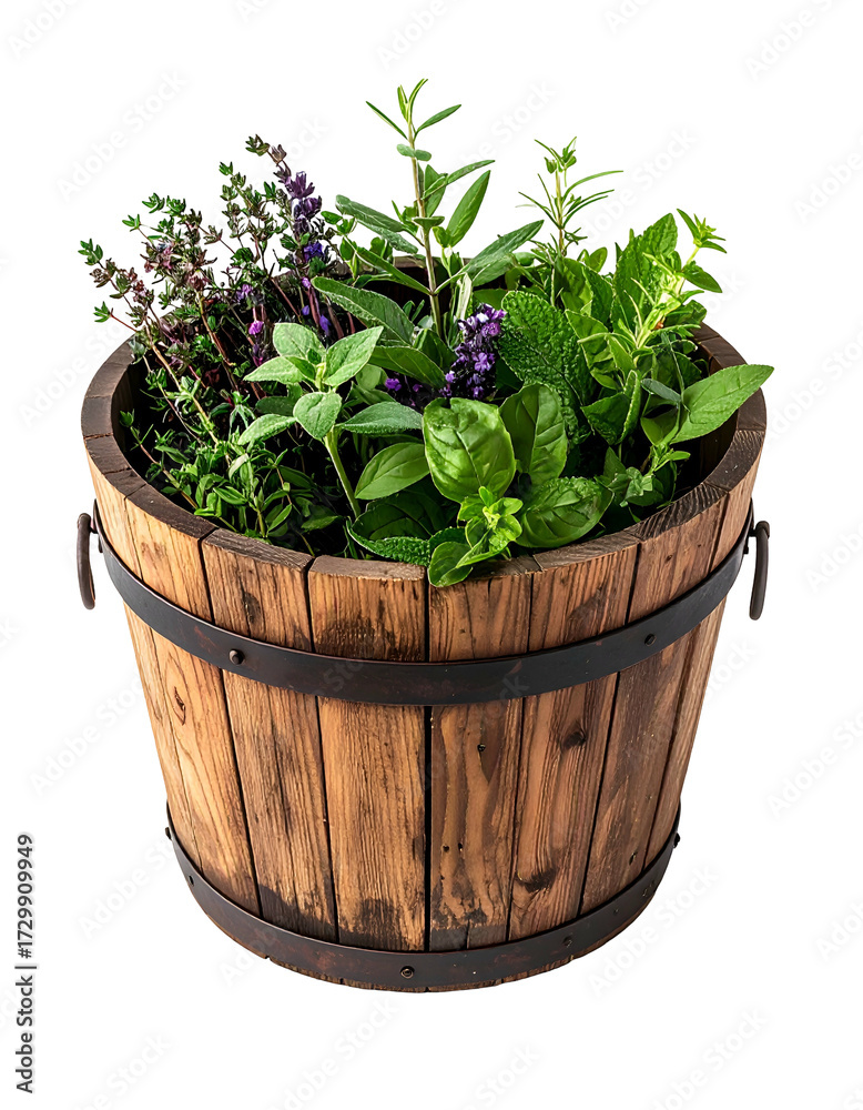 Naklejka premium Wooden barrel planter filled with various herbs