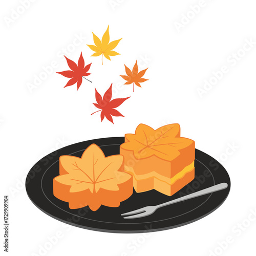 Enjoying traditional Japanese maple leaf shaped autumn sweets with a fork on a plate.