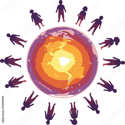 Conceptual illustration of diverse people forming a circle of unity around the Earth, symbolizing global community and interconnectedness